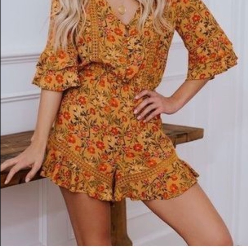 Olivaceous Mustard Yellow Floral Crochet Romper Ruffle Midi Flare Sleeves- Small